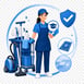 Professional Cleaner with Certification Badge and Cleaning Cart
