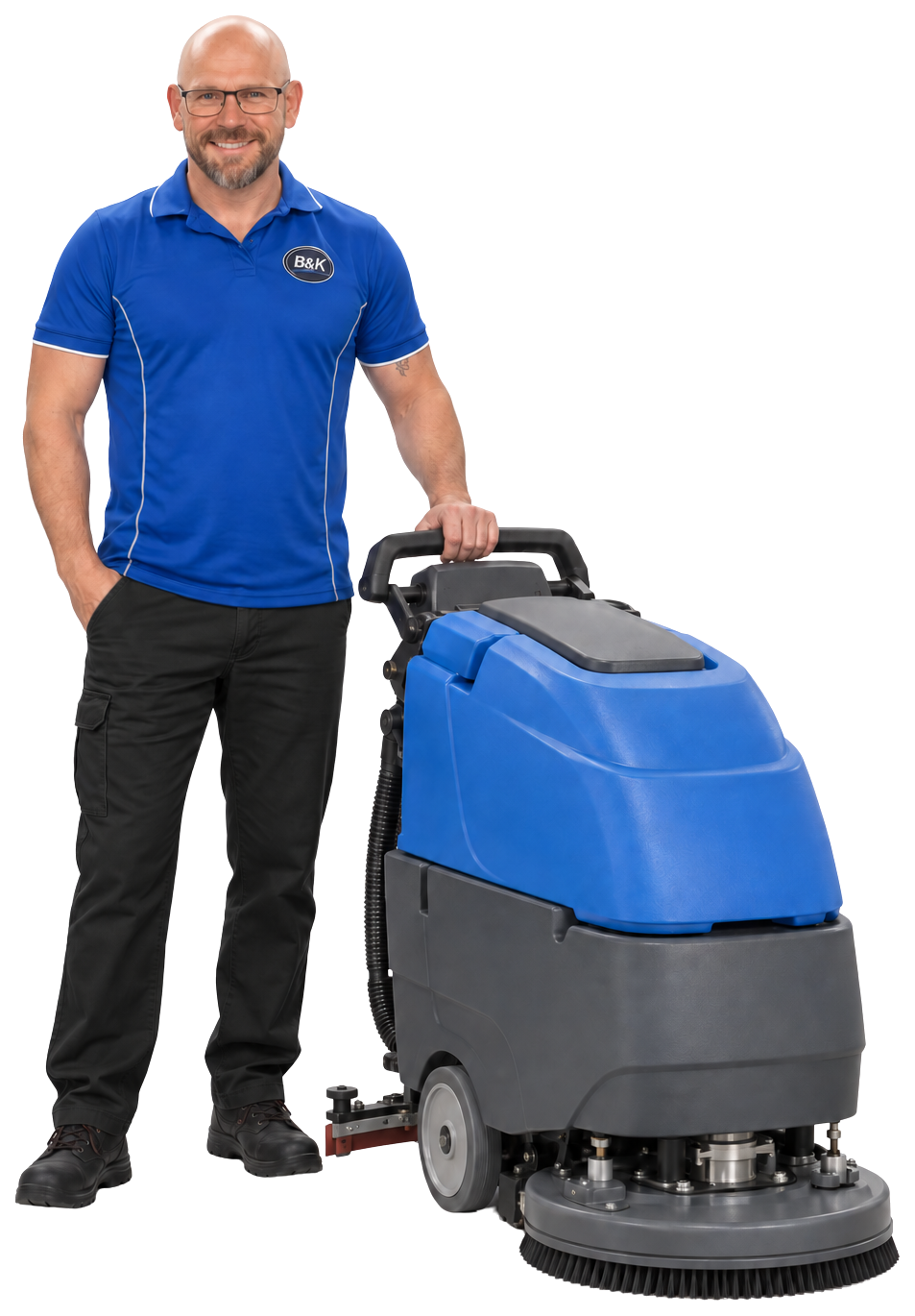 B&K Services cleaner with a commercial floor cleaning machine