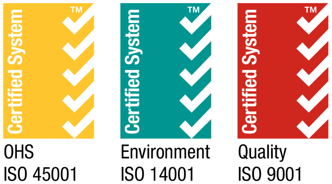 ISO 45001 OHS, ISO 14001 Environment and ISO 9001 Quality certifications