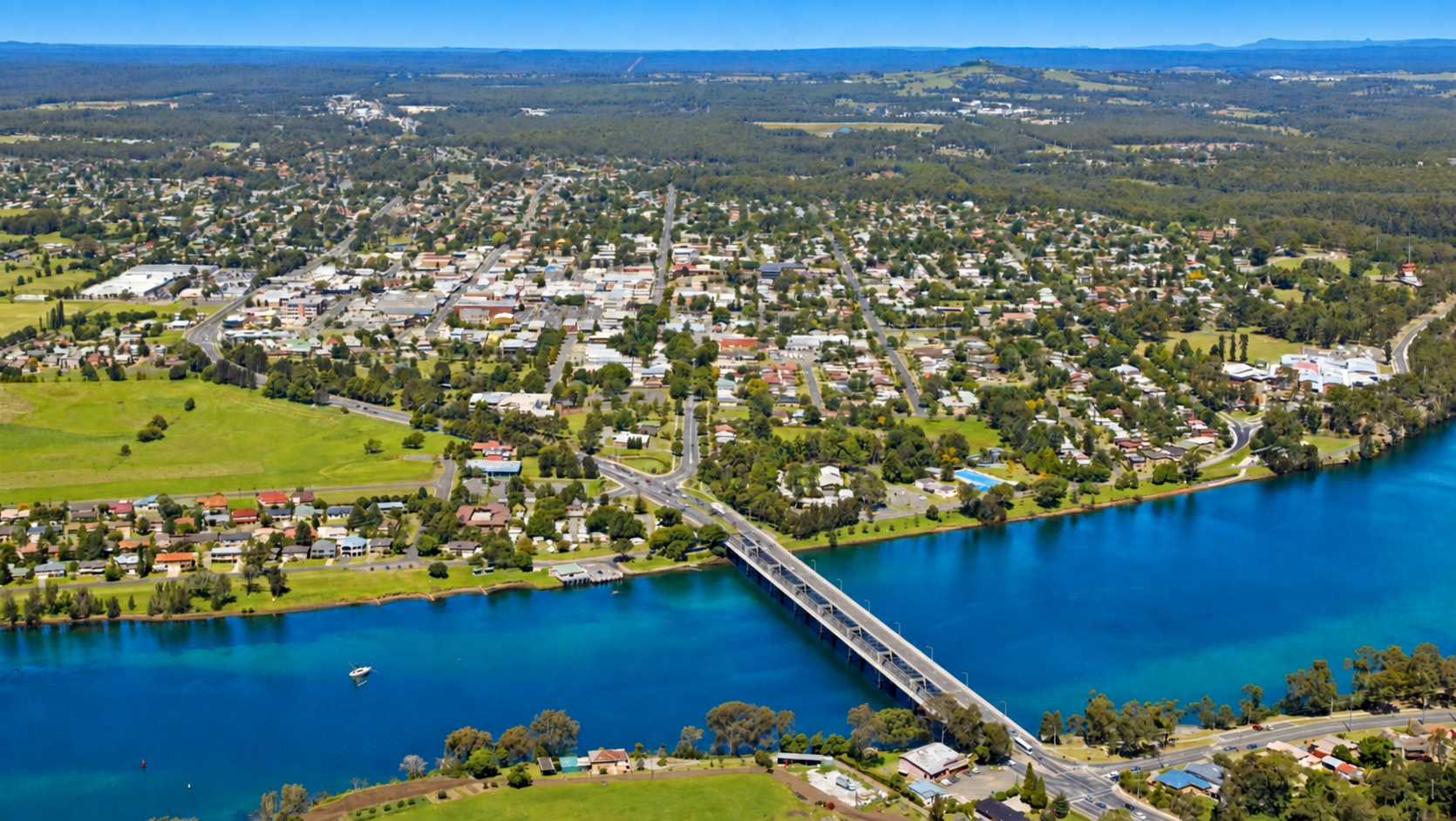 Aerial view of Nowra and the Shoalhaven River bridge