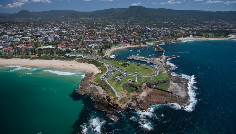Aerial view of Wollongong harbour and coastline